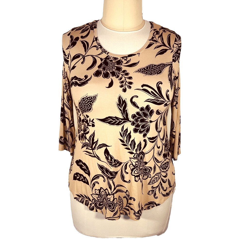 JM Collection Blouse Women's L Tan Black Floral Chintz 3/4 Sleeve Scoop Neck